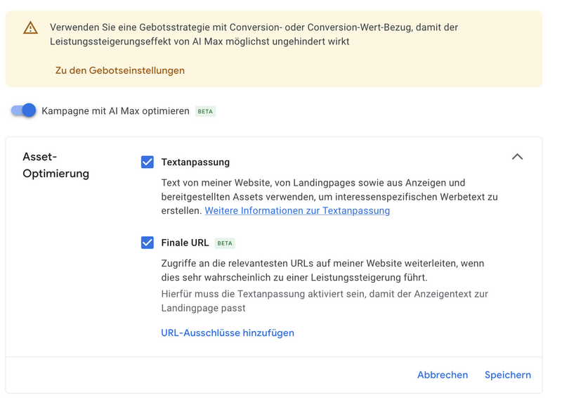 Google Ads Asset Optimierung Textanpassung Und Erweiterung Der Finalen Url Deaktiviert