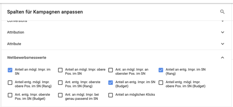 Sea Google Ads Adwords Spalten Kampagnen Wettbewerbsmesswerte