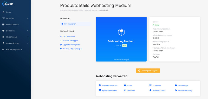 Cloud86 Webhosting Pakete Backend Kundenkonto Uebersicht