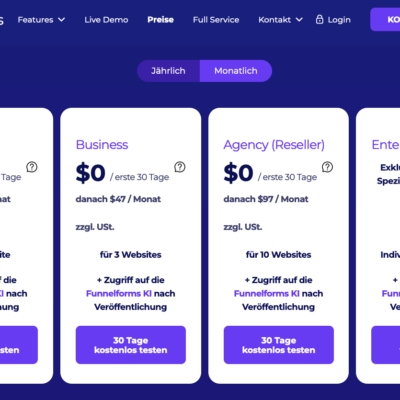 Funnelforms Preis Kosten Vergleich Multi Step Formulare