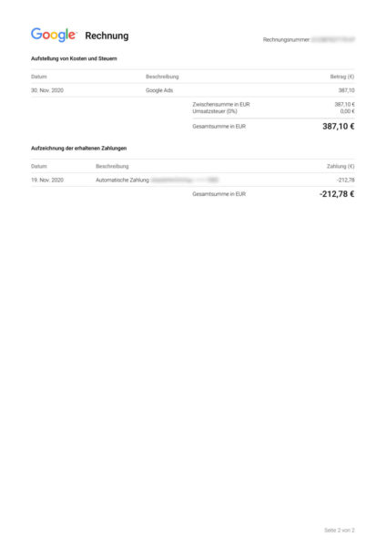 Google Adword Rechnung Vorschau Download Drucken Ausdrucken Summe Saldo Uebertrag Abrechnung