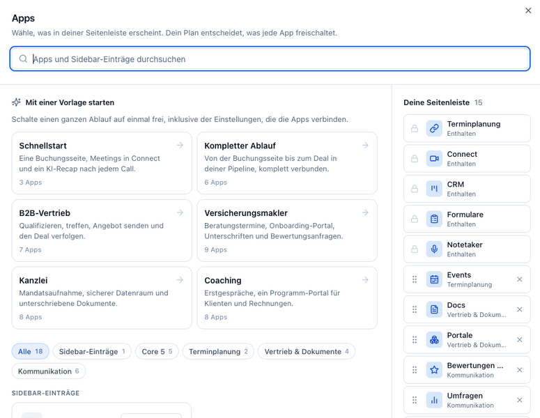 Meetergo Apps Sidebar Vorlagen Workspace