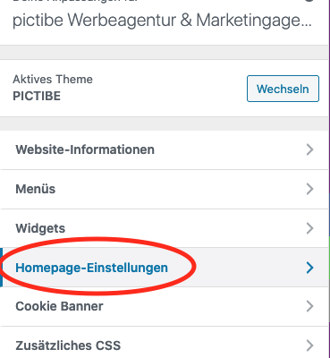 Startseite Festlegen WordPress Definieren Customizer