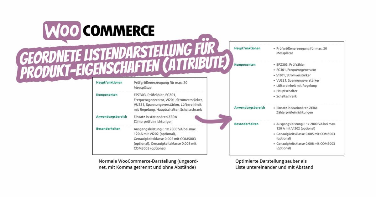 Woocommerce Geordnete Listendarstellung Eigenschaften Produkte Attribute Produktseite Liste