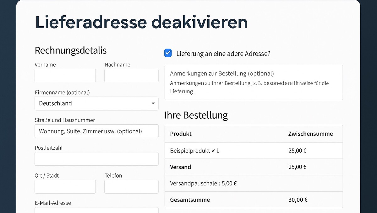 Woocommerce Kasse Lieferung An Eine Andere Adresse Senden Einklappen Ausblenden Im Standard Vorauswahl