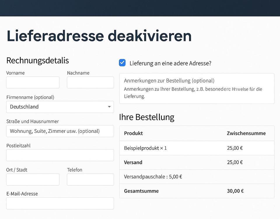 Woocommerce Kasse Lieferung An Eine Andere Adresse Senden Einklappen Ausblenden Im Standard Vorauswahl